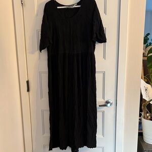 Vintage Relaxed Black Maxi Dress with Scoop Neck - and embroidered top